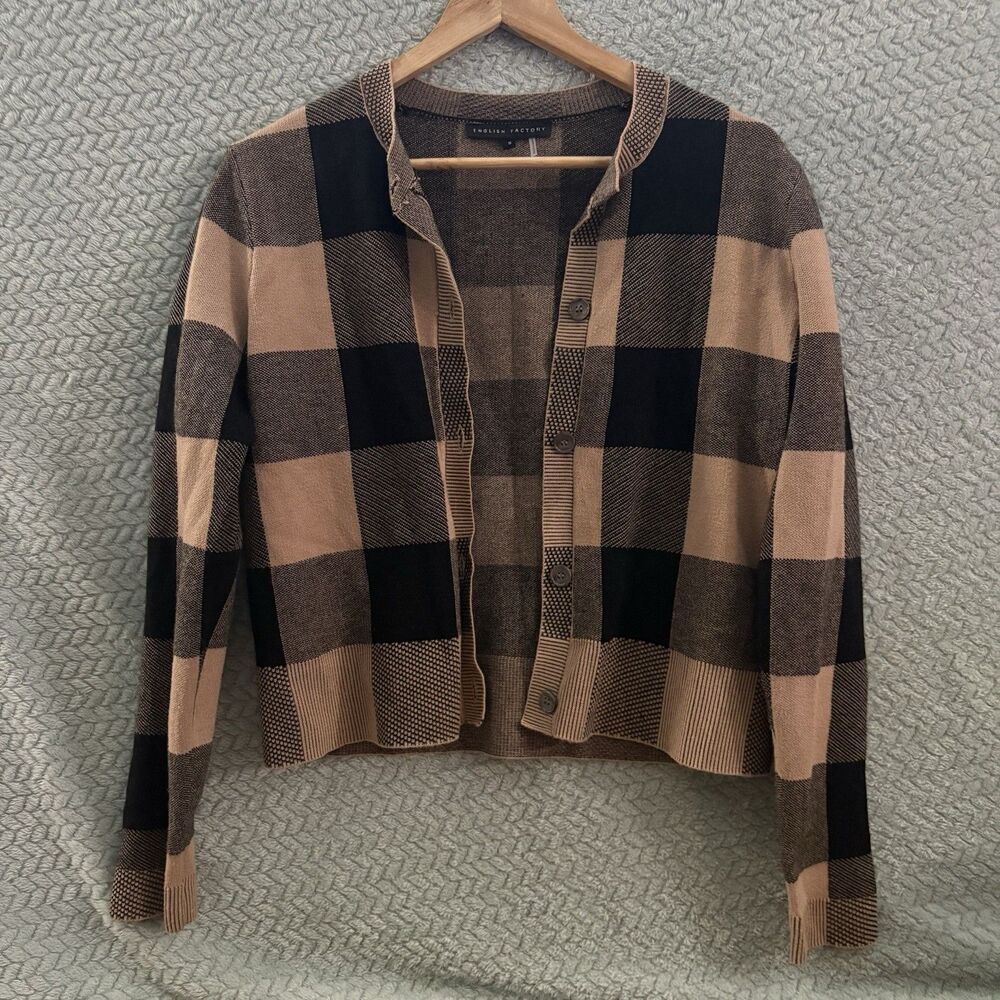 English Factory Women's Plaid Button-Front Cardigan Sweater Brown Preppy Money S